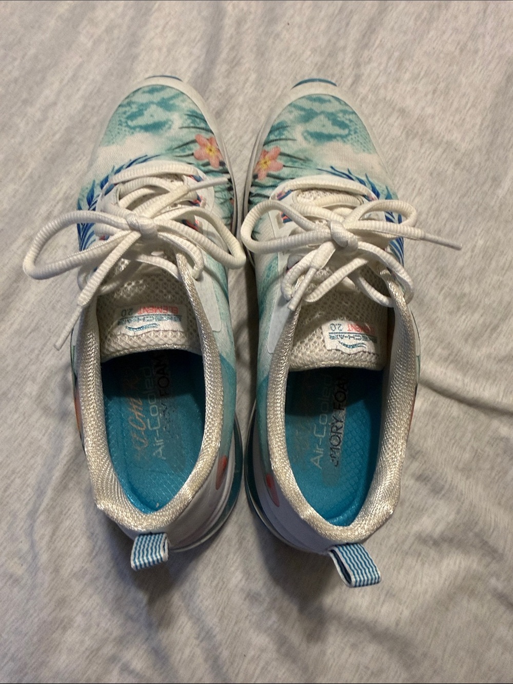 Skechers White and Light Blue Floral Slip-On Lace Sneakers